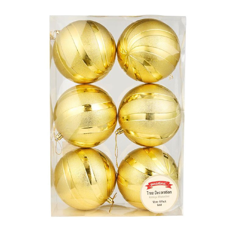 Wonderland Christmas Baubles 12cm Gold 6 Pack, , hi-res