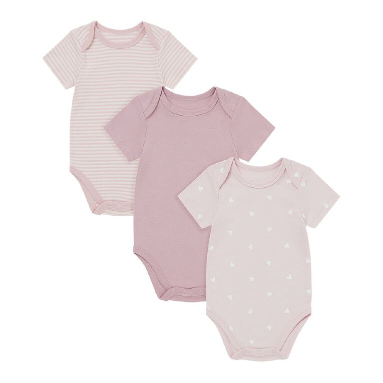 Young Original Baby Short Sleeve Printed Bodysuit 3 Pack, Pink Light HEARTS, hi-res