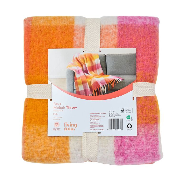 Living & Co Throw Faux Mohair Stripe Pink 127cm x 152cm, , hi-res