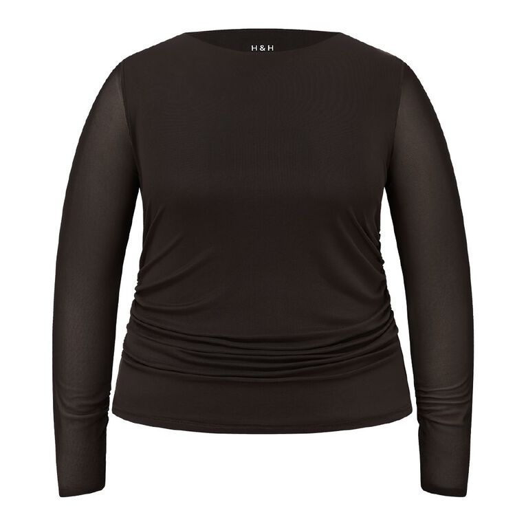 H&H Curve Women's Long Sleeve Ruched Mesh Knit Top, Brown Dark, hi-res
