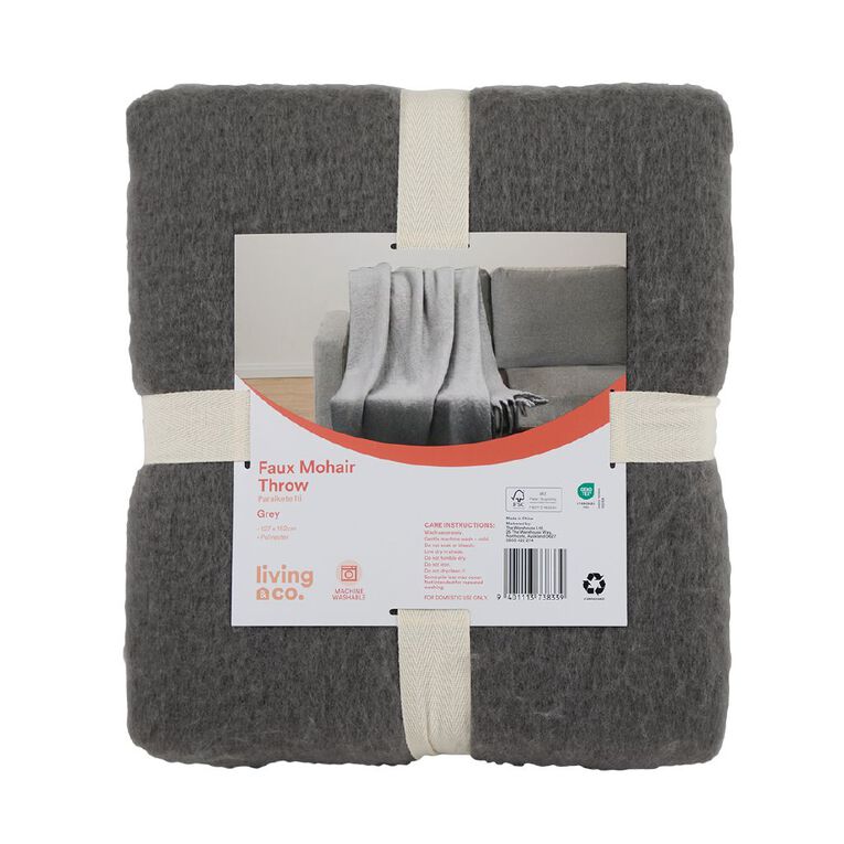 Living & Co Throw Faux Mohair Grey 127cm x 152cm, , hi-res