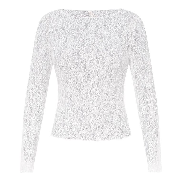 BRDRLESS Lexi Lace Long Sleeve Top, White, hi-res