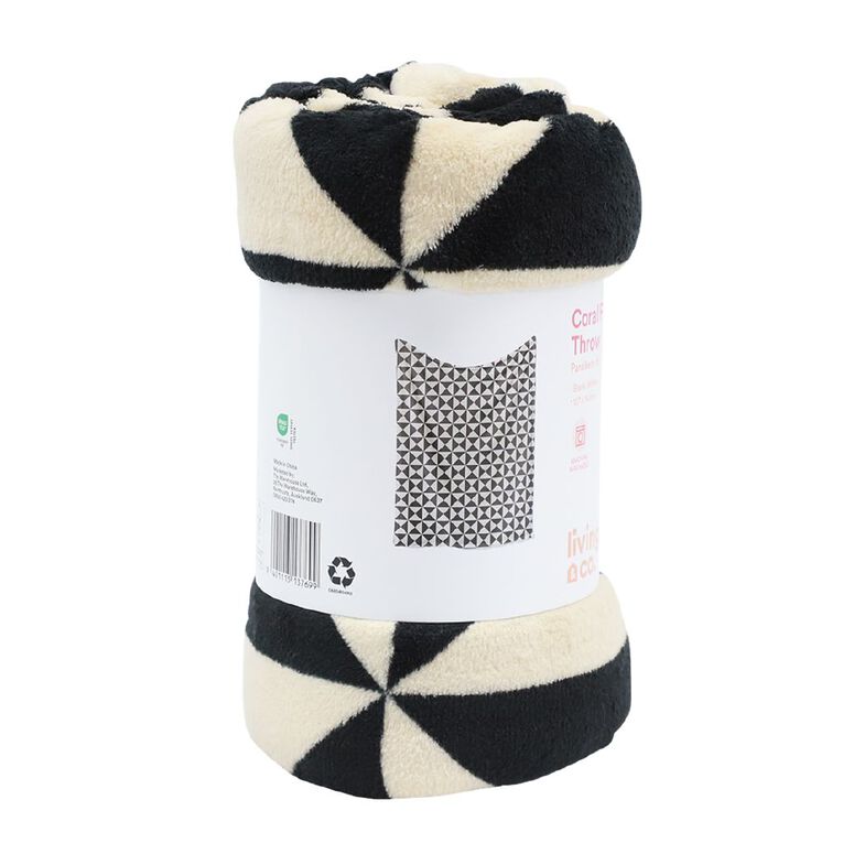Living & Co Coral Fleece Printed Throw Black/White 127cm x 152cm, Black/White, hi-res