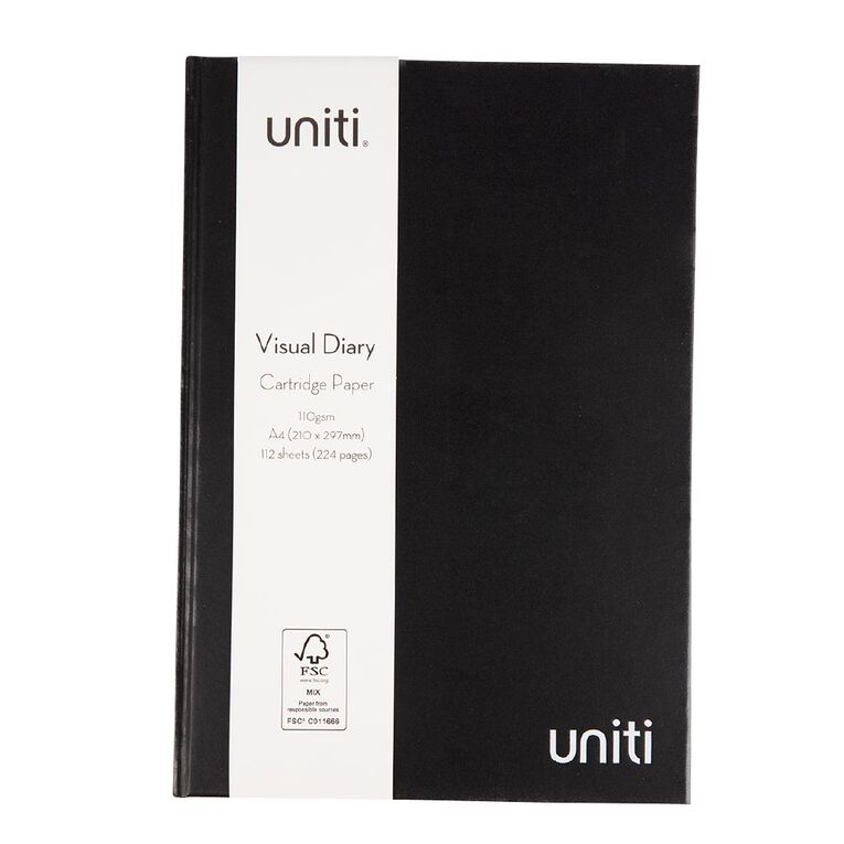 Uniti Visual Diary Hardback 110gsm 112 Sheets Black A4, , hi-res