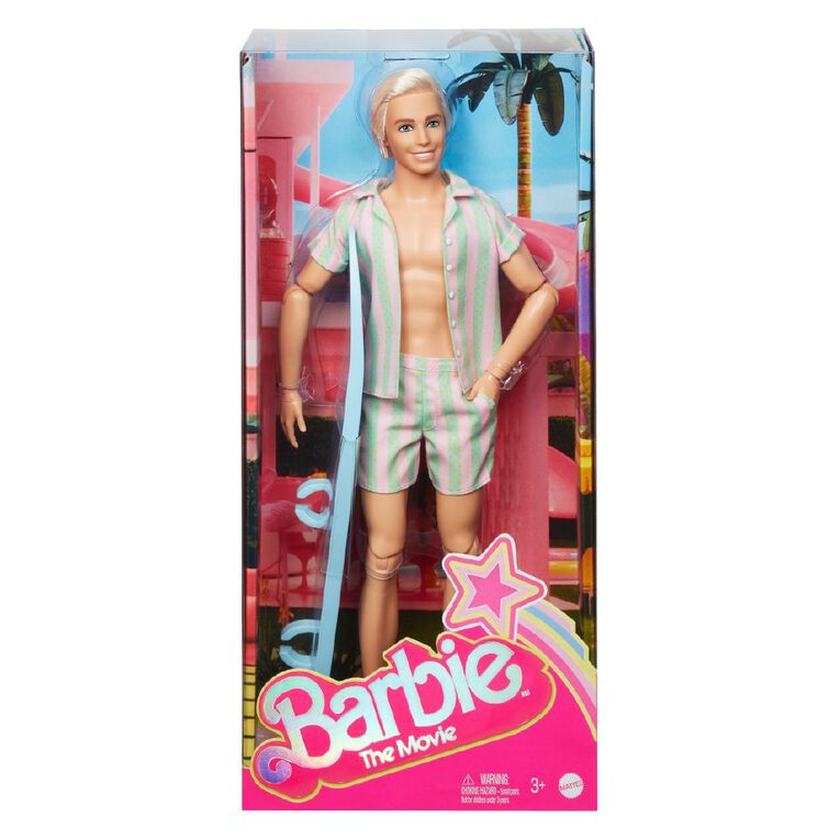 Barbie the Movie Ken in Striped Pastel Beachwear with Surfboard | The