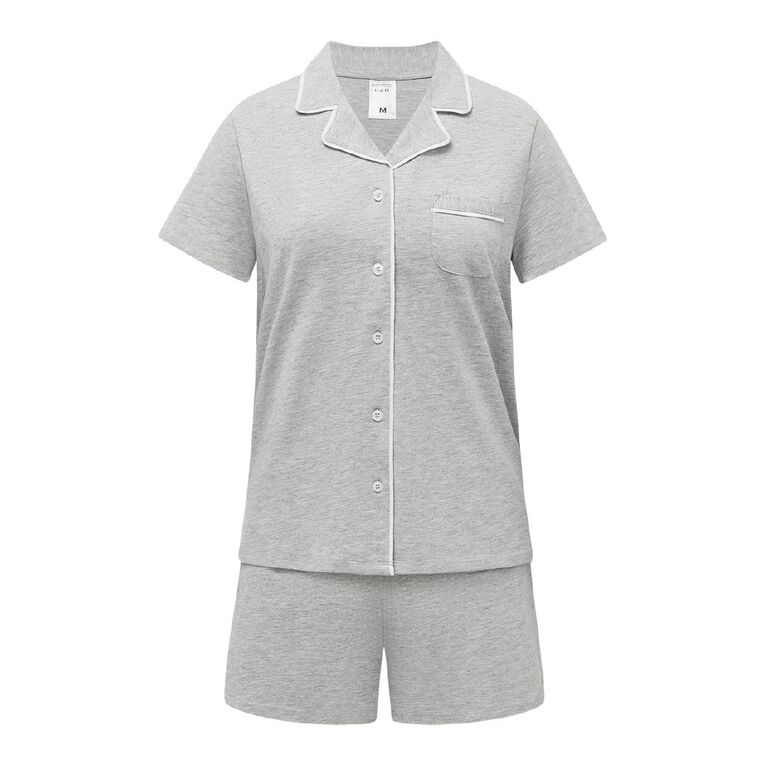 H&H Women's Button Up Short Sleeve Pyjama Set, Grey Mid, hi-res