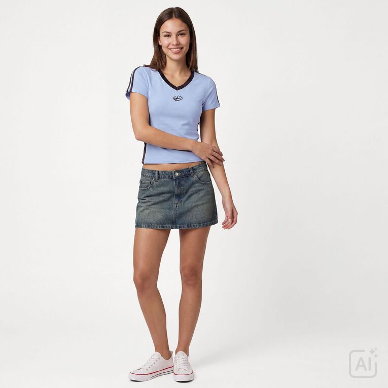 Garage Women's Short Sleeve V-Neck Contrast Panel Tee, Blue Mid, hi-res