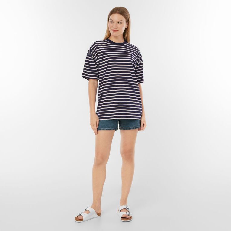 H&H Women's Oversized Boyfriend Stripe Tee, Navy, hi-res