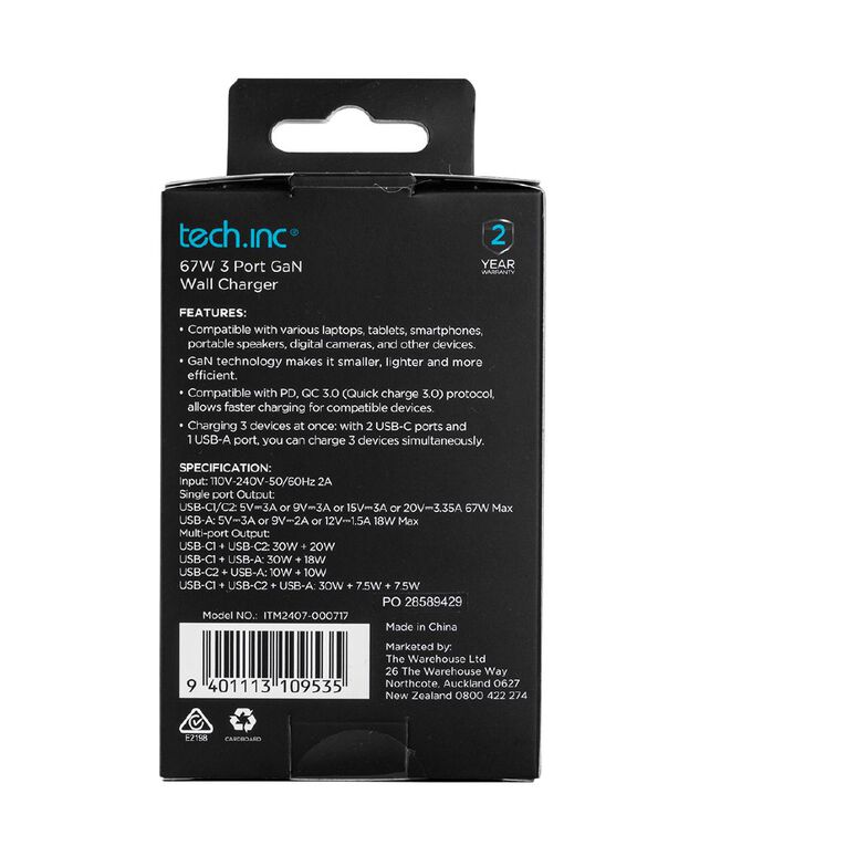 Tech.Inc 67W GAN Triple USB Wall Charger, , hi-res