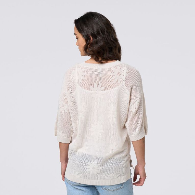 H&H Women's Amber Rixon Short Sleeve Crochet Flower Knit, Cream, hi-res