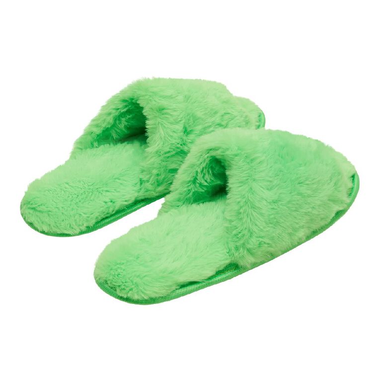 H&H Women's Fluffy Neon Strap Slippers, Green, hi-res