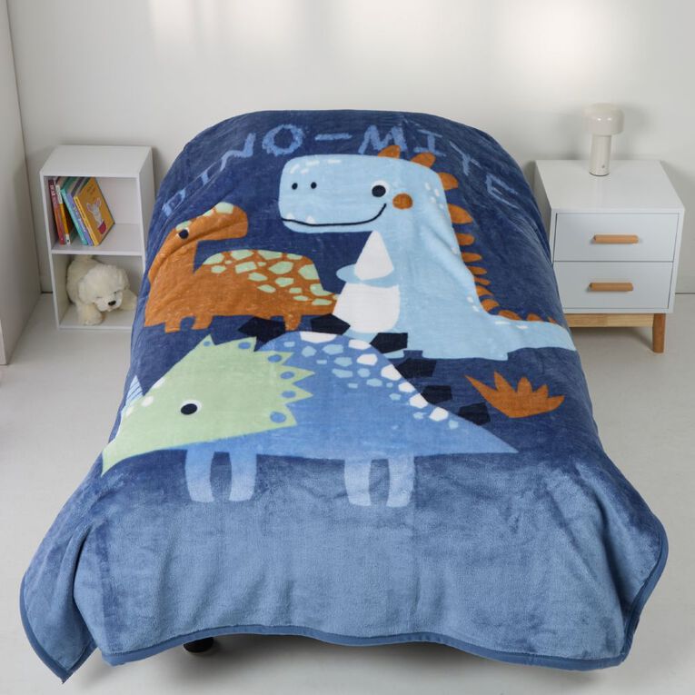 Living & Co Kids Mink Feel Blanket Dinosaur Blue King Single, , hi-res