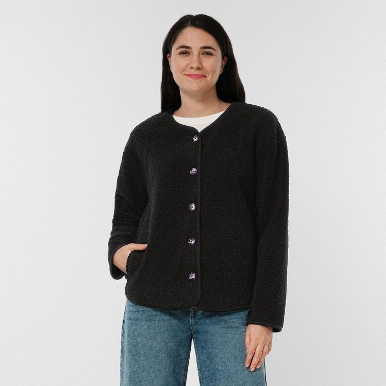 H&H Women's Teddy Sherpa Button Through Jacket, Black, hi-res