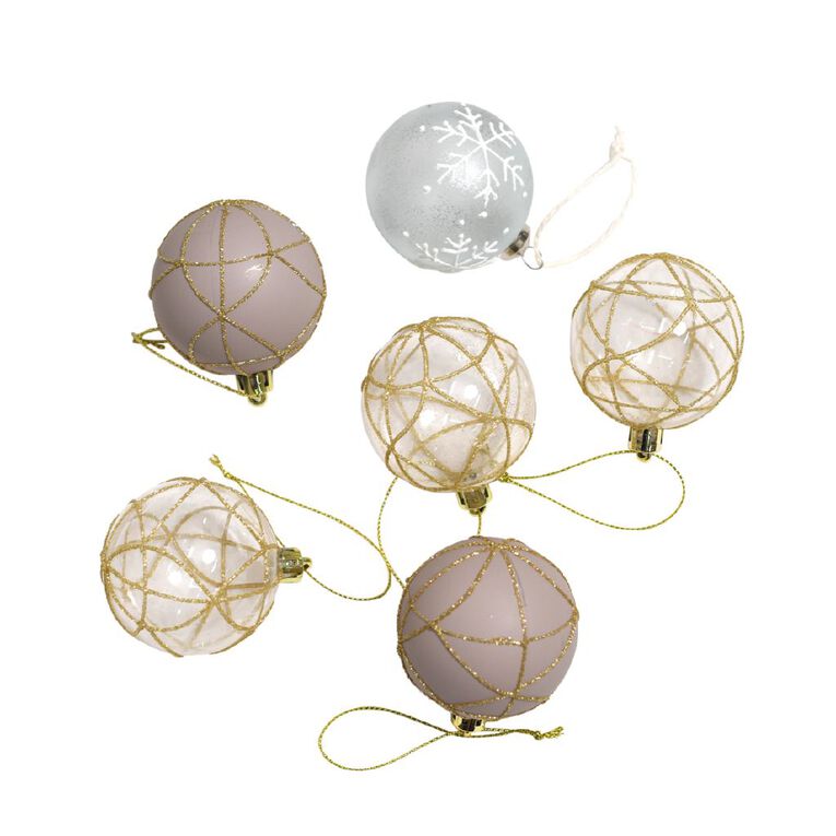 Wonderland Joyful Tidings Clear/Pink Web Christmas Baubles 6 Pack, , hi-res