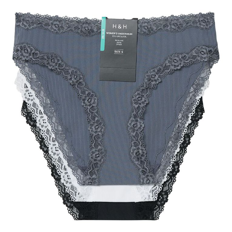 H&H Women's Rib And Lace Bikini Briefs 3 Pack, Black, hi-res