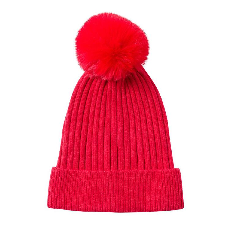 H&H Women's Pom Pom Beanie, Red Mid, hi-res