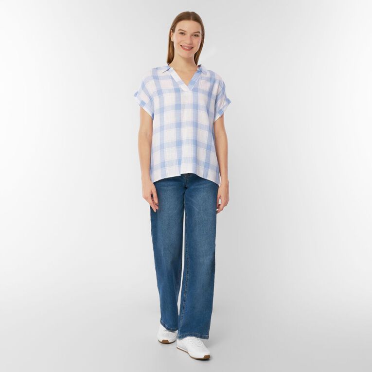 H&H Women's Short Roll Sleeve Linen Blend Blouse, Blue, hi-res