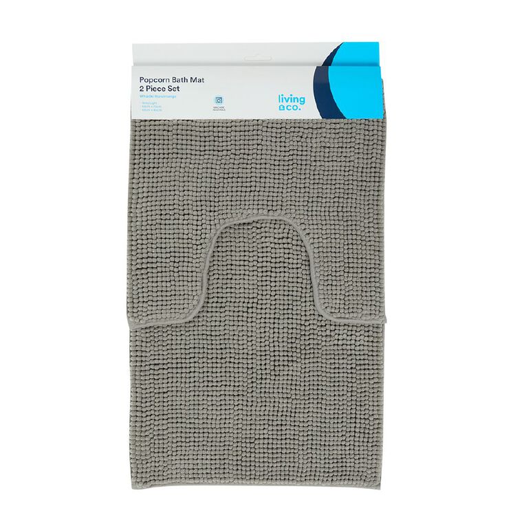 Living & Co Bath Mat Set Popcorn 2 Piece Grey Light 45cm x 75cm, , hi-res