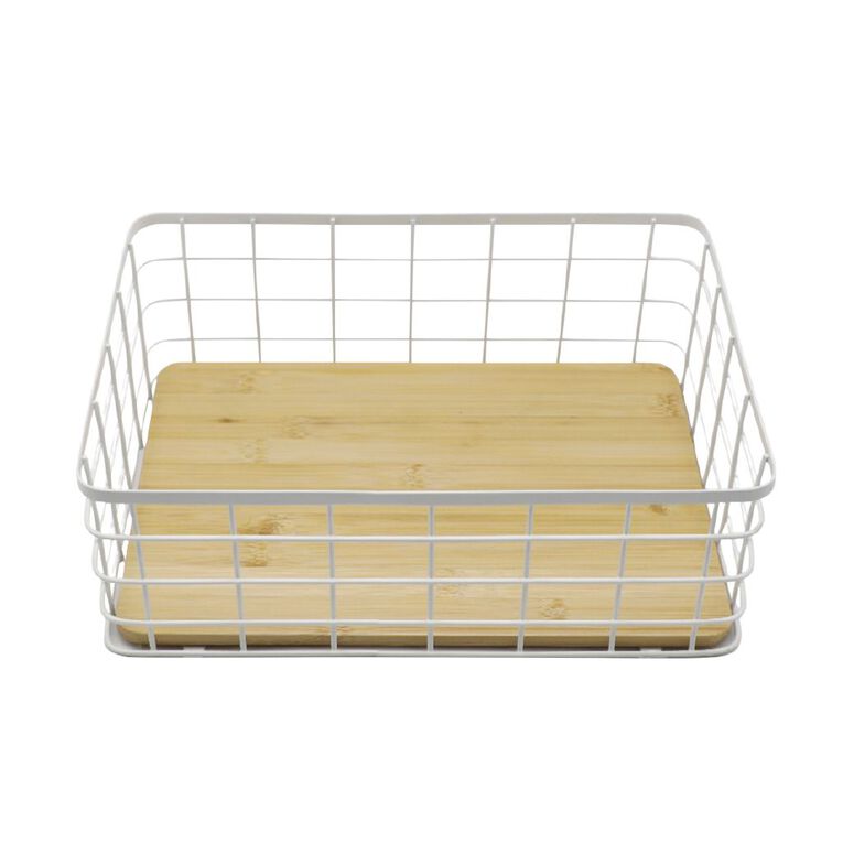 Living & Co Metal Basket with Bamboo Base White, , hi-res