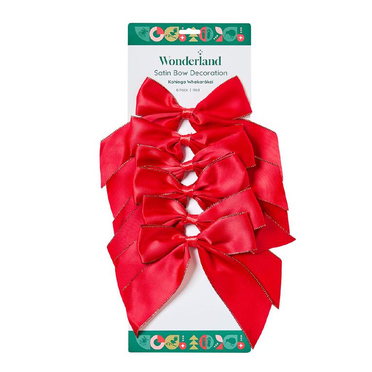 Wonderland Satin Bow Christmas Decoration Red 6 Pack, , hi-res