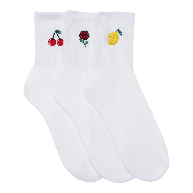 H&H Women's Embroidered Half Crew Socks 3 Pack, White, hi-res
