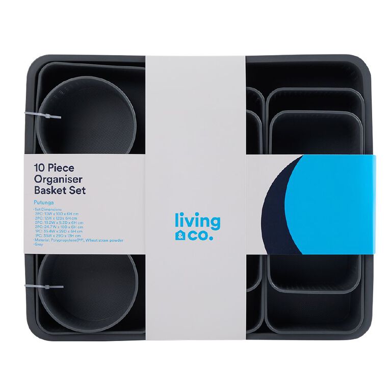 Living & Co 10 Piece Organiser Baskets Charcoal Grey, , hi-res