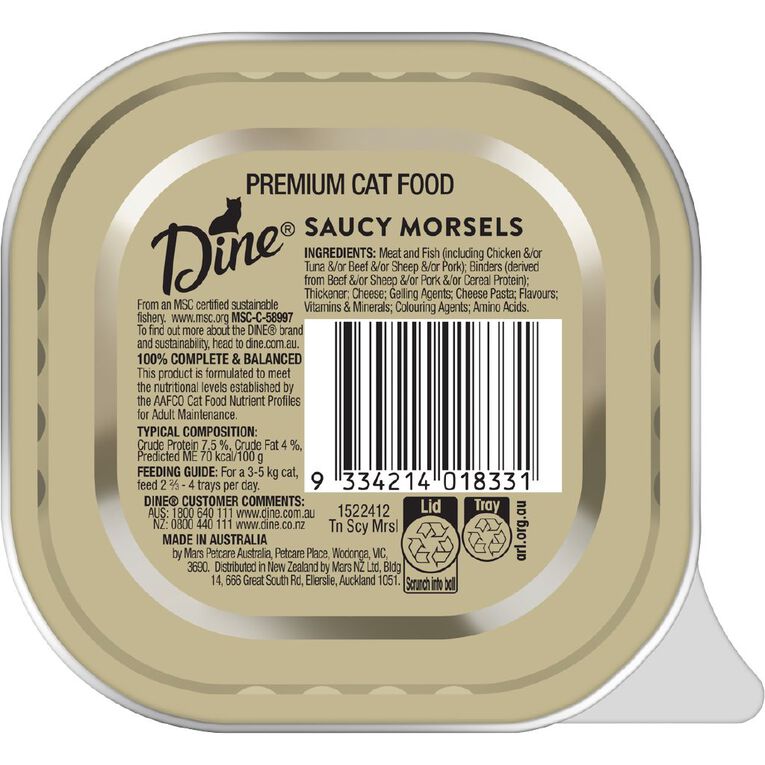 Dine Saucy Morsels with Tuna Mornay & Cheese Wet Cat Food Tray 85g, , hi-res