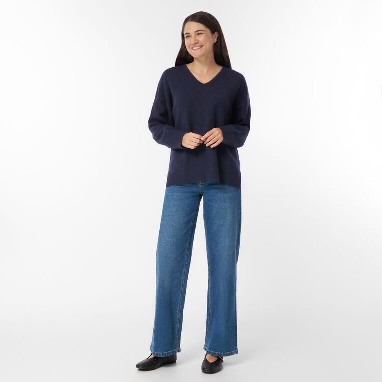 H&H Women's Relaxed V Neck Jumper, Blue Mid, hi-res