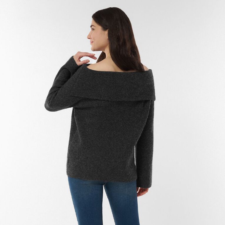 H&H Women's Long Sleeve Off Shoulder Knit Jumper, Charcoal/Marle, hi-res