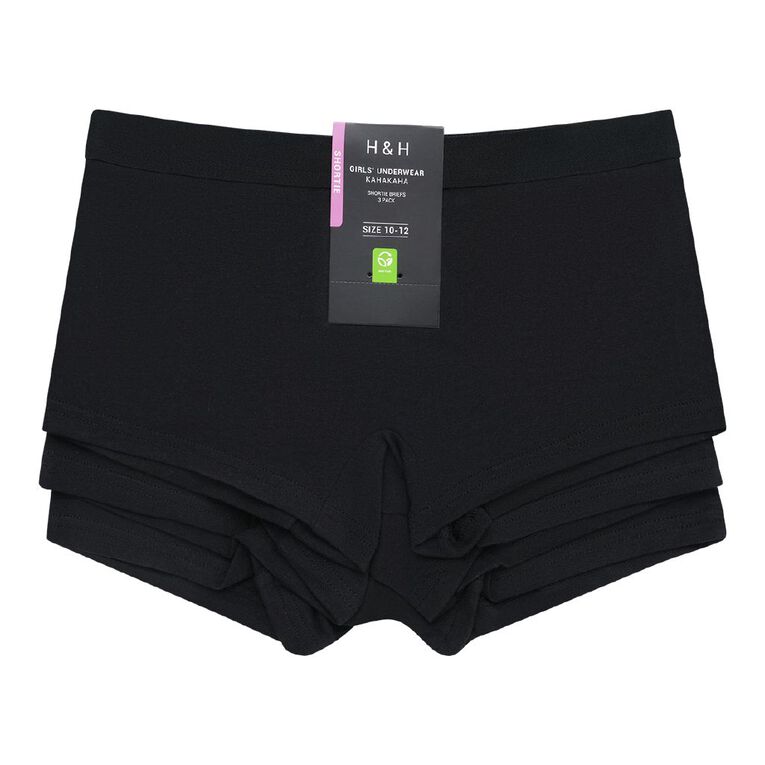 H&H Girls' Essentials Shortie Briefs 3 Pack, Black, hi-res