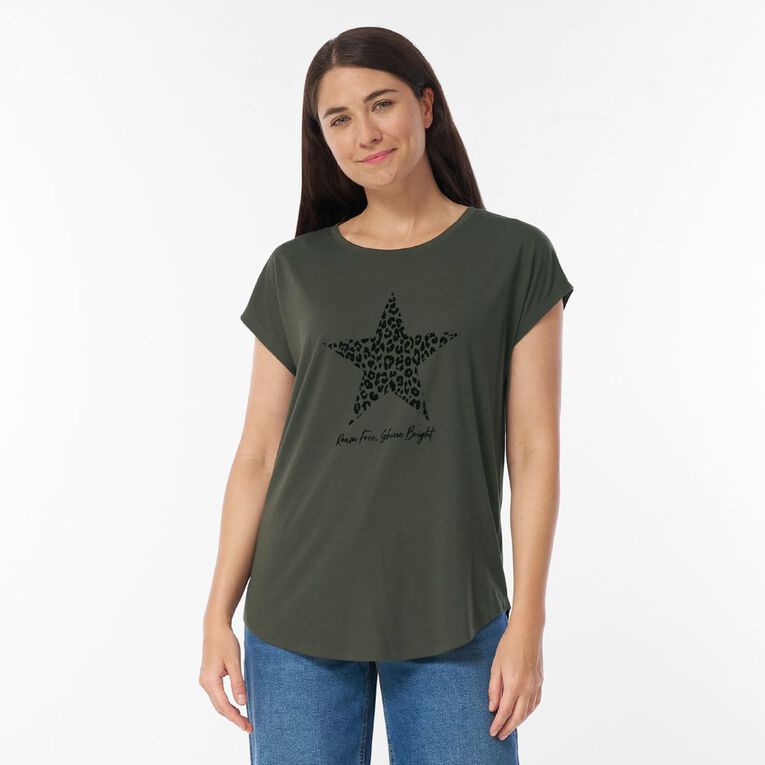 H&H Women's Short Sleeve Print Tee, Green Dark, hi-res