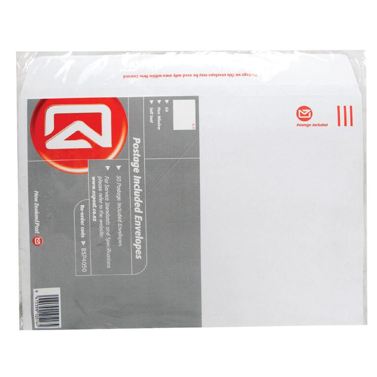 New Zealand Post Prepaid Non Window C4 Envelope 50 Pack White, , hi-res