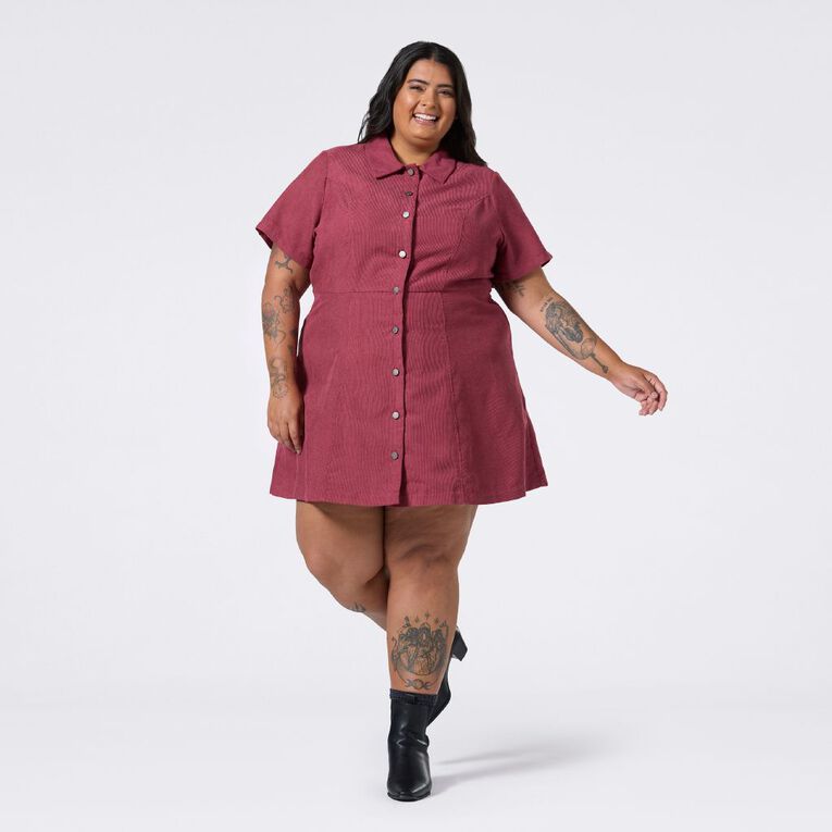H&H Curve Women's Short Sleeve Cord Mini Shirt Dress, Red Dark, hi-res