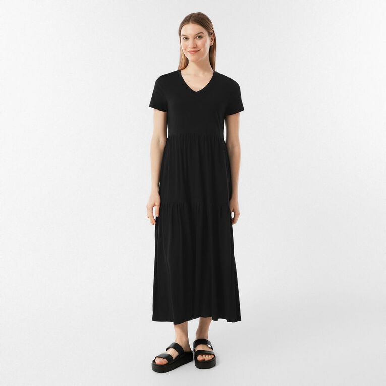 H&H Women's Cotton Slub Tier Midi Dress, Black, hi-res