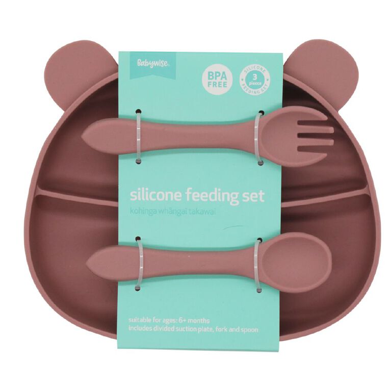 Babywise Silicone Plate And Cutlery Set Bear Pink, , hi-res