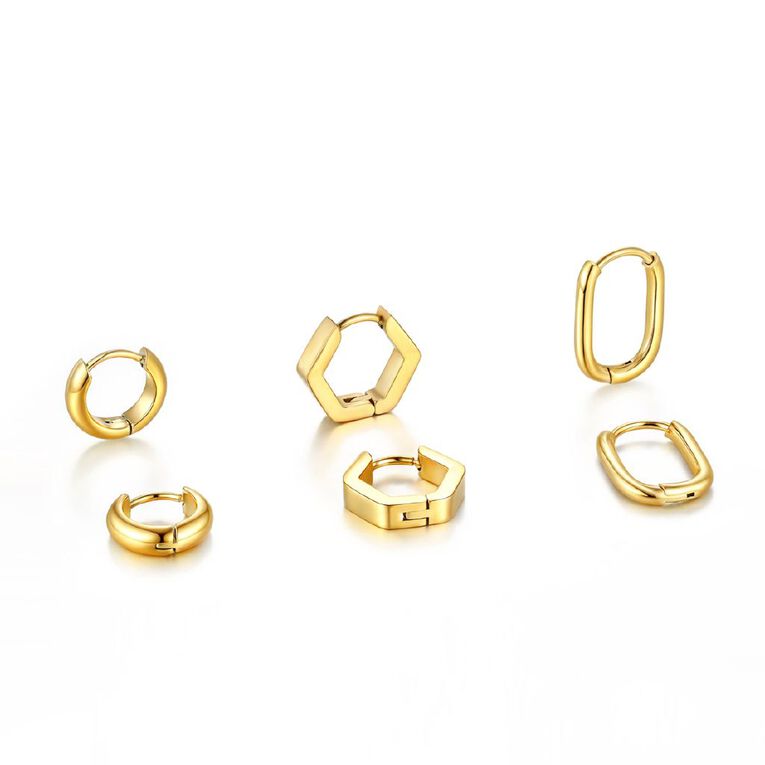 Waterproof Gold Plated GEO Sleeper Earrings 3 Pairs, , hi-res
