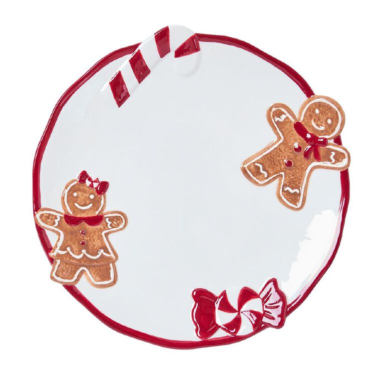 Wonderland Home Candy Cane Gingerbread Man Plate Red/White 25cm, , hi-res