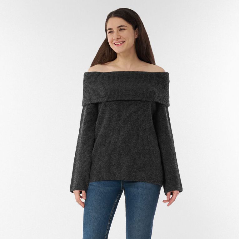 H&H Women's Long Sleeve Off Shoulder Knit Jumper, Charcoal/Marle, hi-res