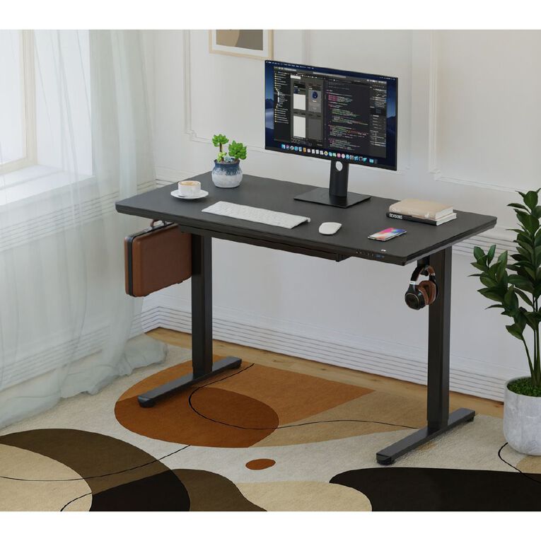 Workspace Height Adjustable Desk 1200W with Drawer Frosted Glass Black, , hi-res