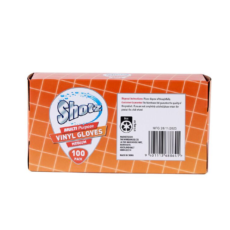 Shotz Multipurpose Vinyl Gloves Medium 100 Pack, , hi-res