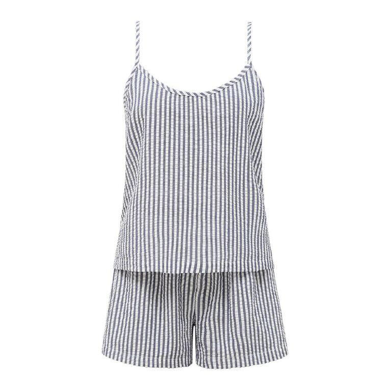 H&H Women's Seersucker Cami & Short Pyjama Set, Blue Dark, hi-res