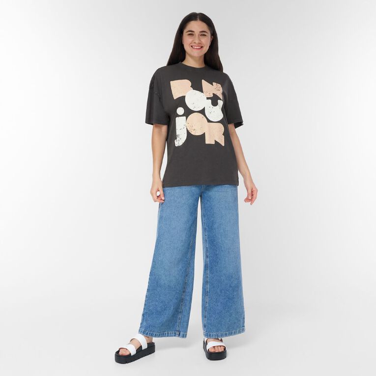 H&H Women's Short Sleeve Boyfriend Graphic Tee, Grey Dark BONJOUR, hi-res