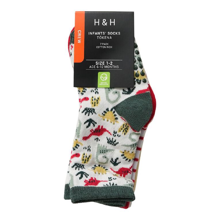H&H Infants' Jaquard Crew Socks 7 Pack, Green Mid, hi-res