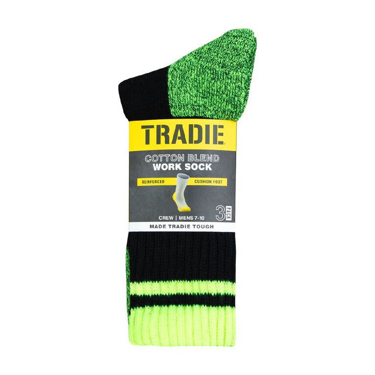 Tradie Tough Men's Work Crew Socks 3 Pack, Black/Yellow, hi-res
