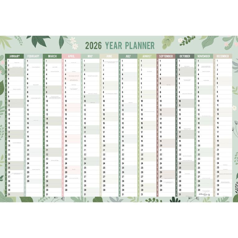 WS 2026 Wall Planner 1000mm x 700mm Green, , hi-res