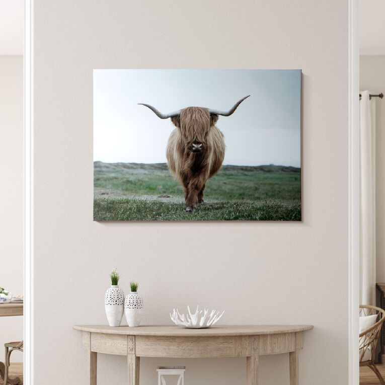 Happy Frames Wall Art Canvas Rustic Highland Cow 97x70cm, , hi-res