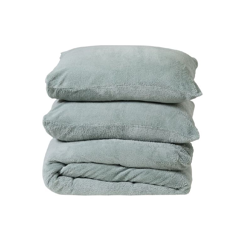 Living & Co Duvet Cover Set Teddy Fleece Green Queen, , hi-res