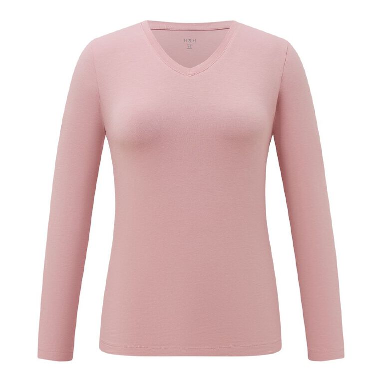 H&H Women's Stretch Long Sleeve V Neck Tee, Pink Light, hi-res