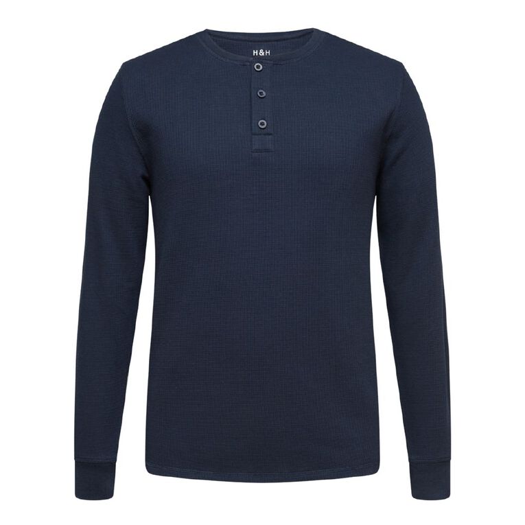 H&H Men's Long Sleeve Waffle Henley Tee Navy The Warehouse