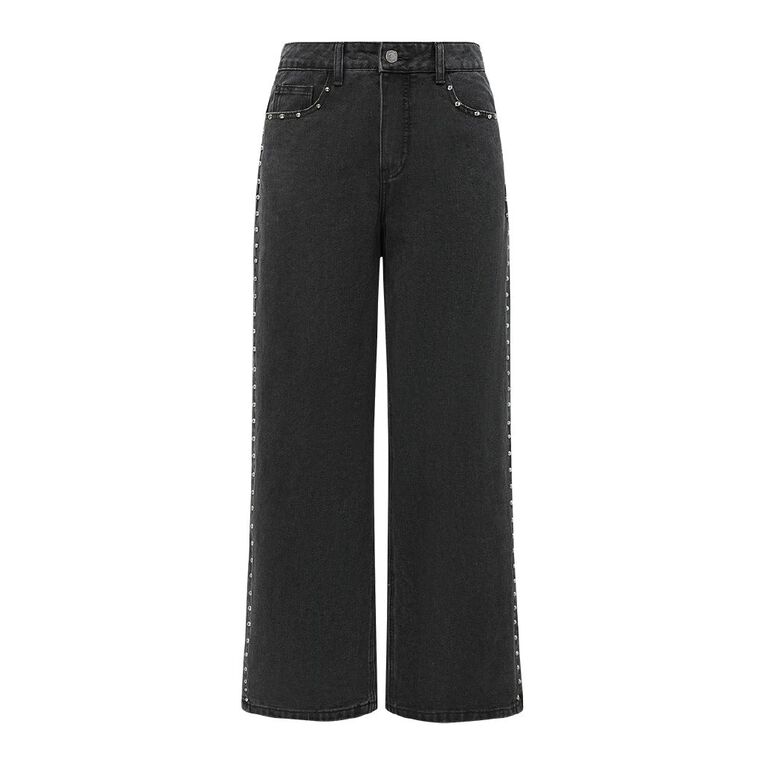 H&H Women's High Rise Wide Leg Embellished Jeans, Black, hi-res